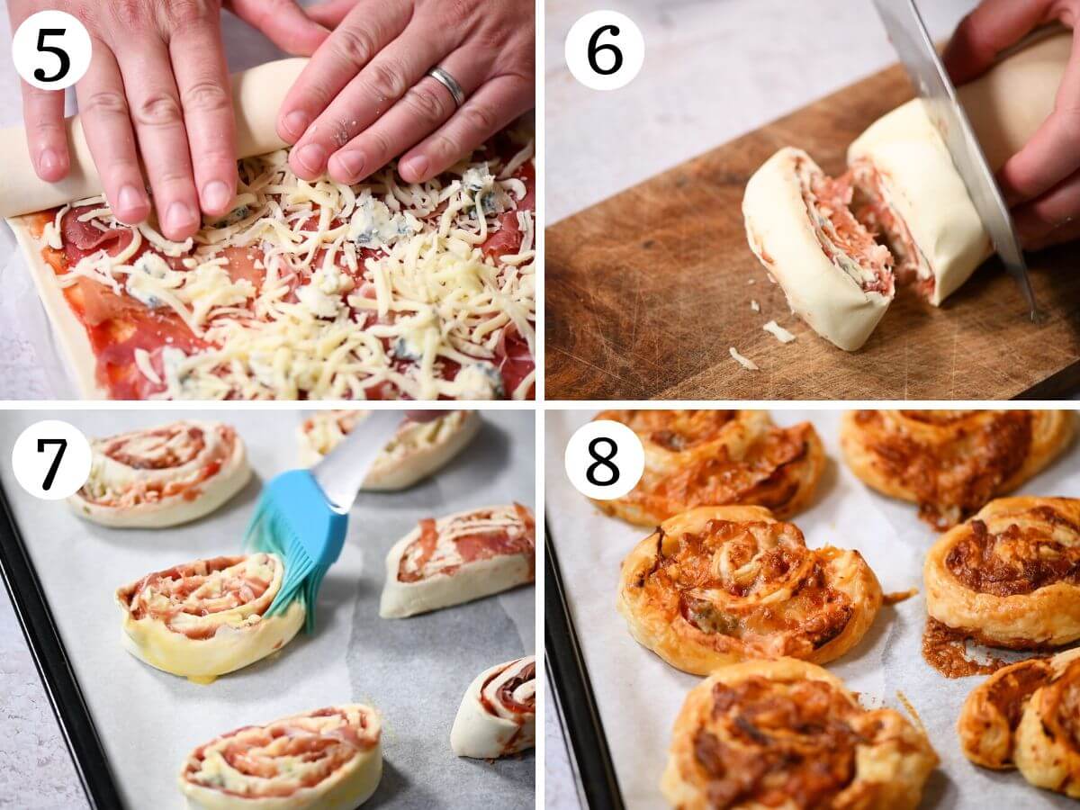 Four photos in a collage showing how to assemble and bake pizza pinwheels.