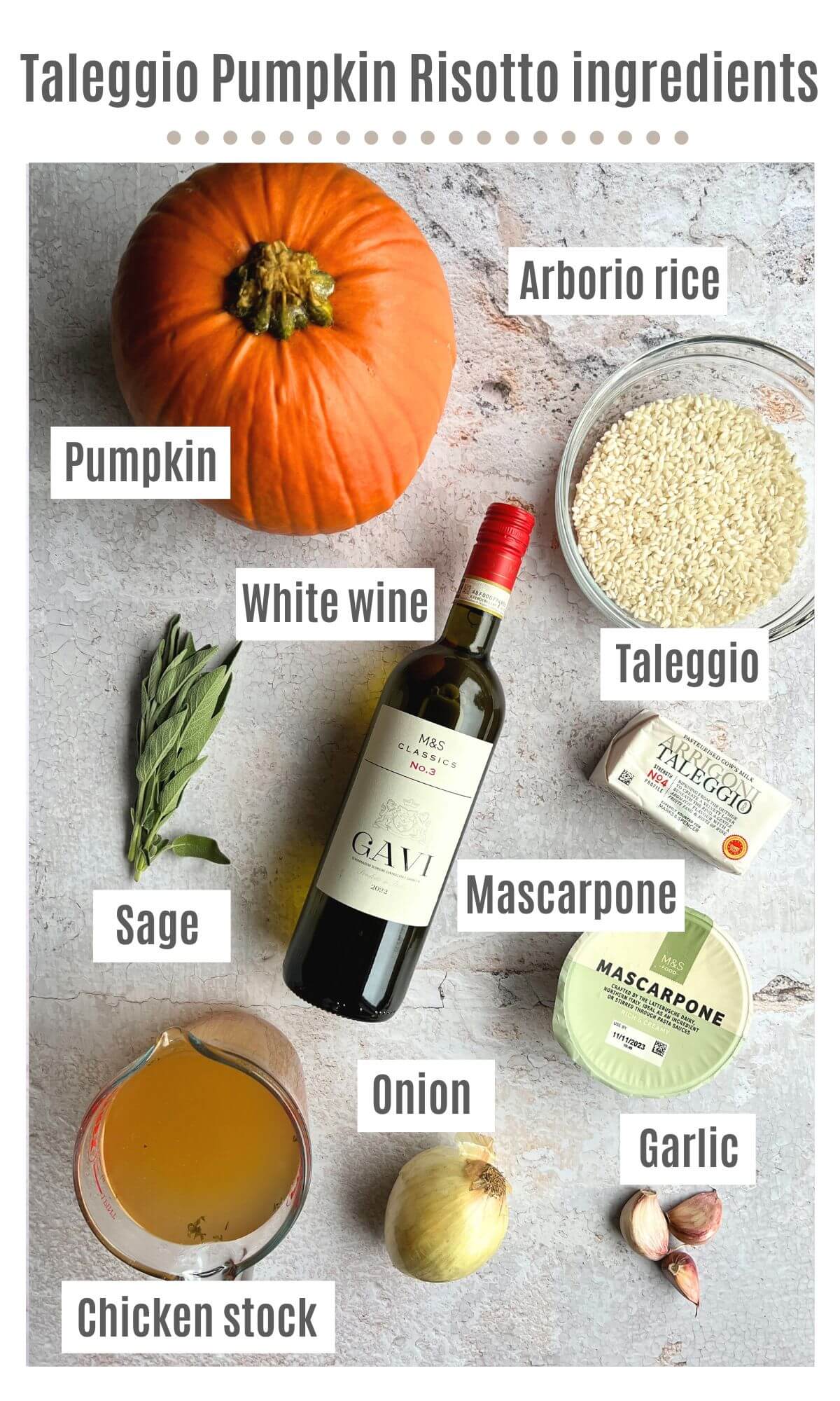 An overhead shot of all the ingredients you need to make pumpkin risotto.