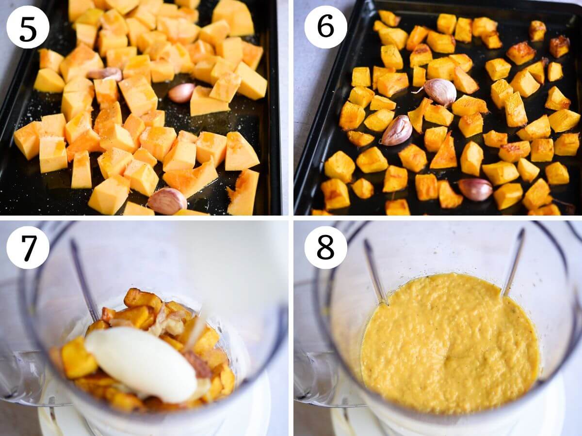 Four photos in a collage showing how to roast pumpkin and make pumpkin puree for risotto.