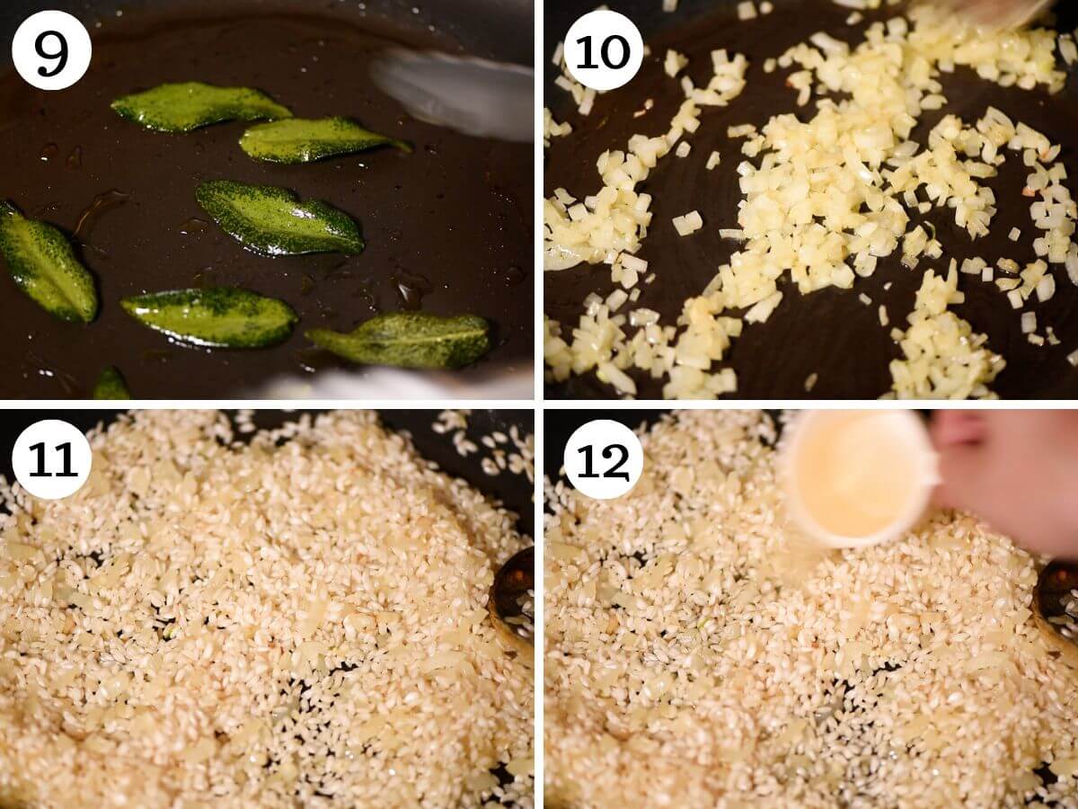 Four photos in a collage showing how to make crispy sage leaves and risotto.