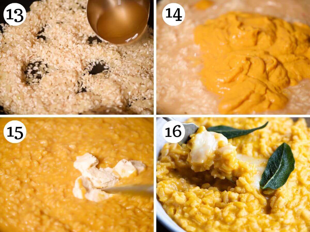 Four photos in a collage showing how to make pumpkin risotto with roasted pumpkin puree.