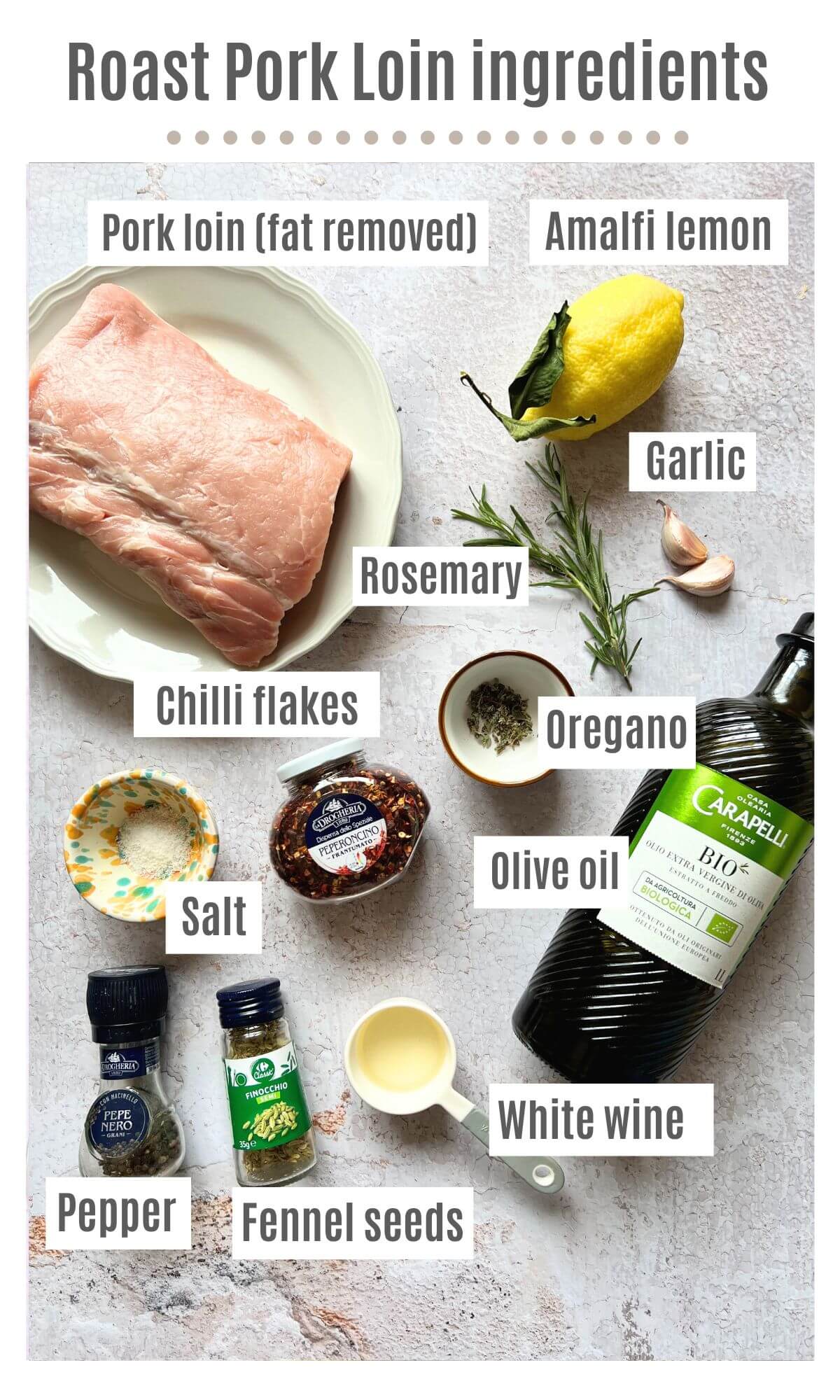 An overhead shot showing all the ingredients needed to make an Italian roast pork loin.