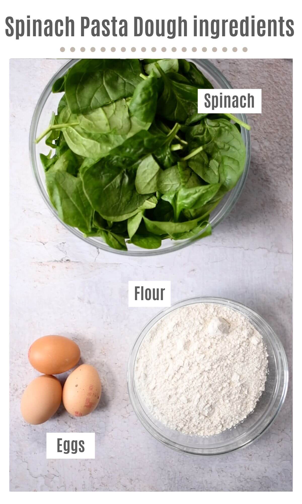 An overhead shot of the ingredients needed to make spinach pasta dough with eggs.