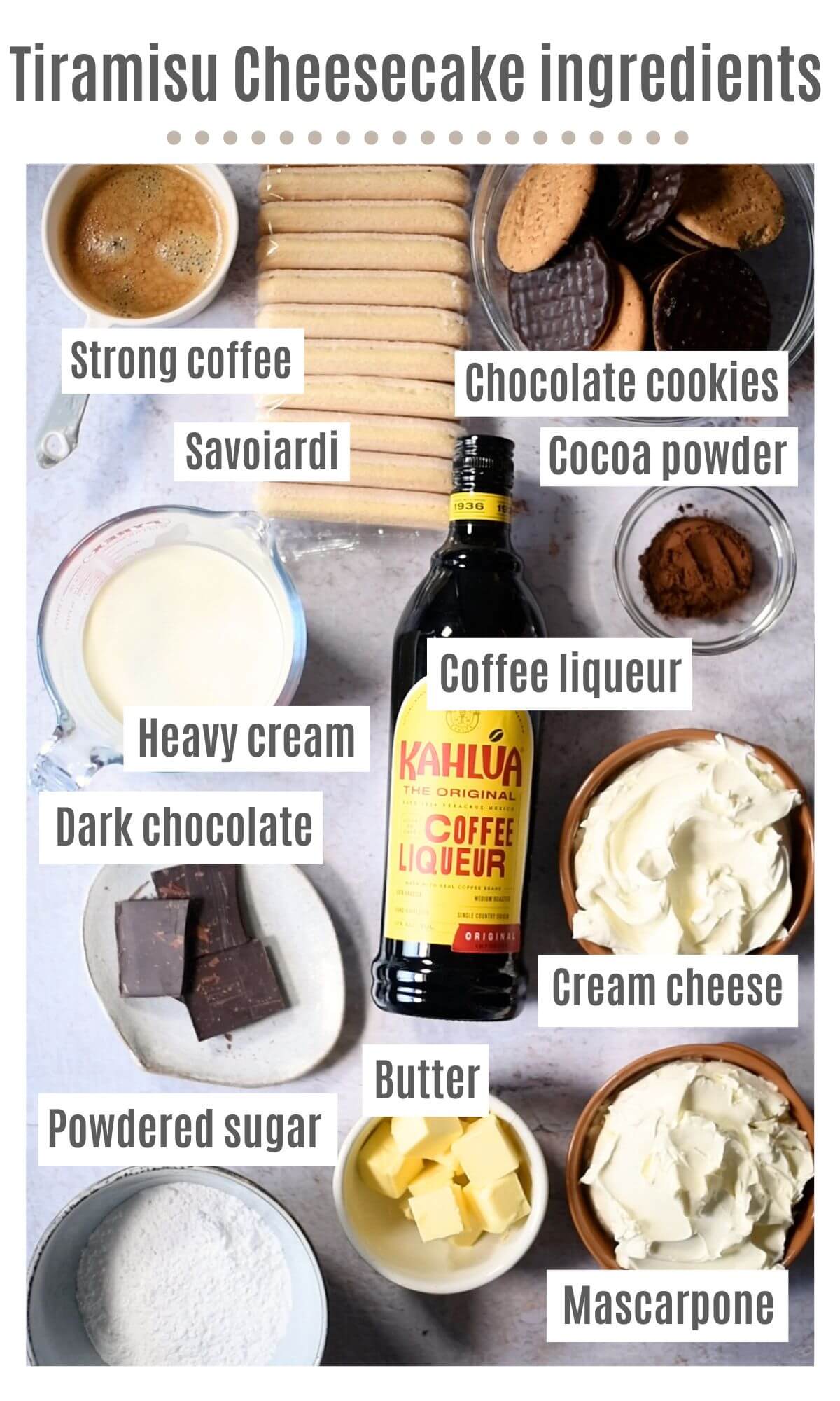 An overhead shot of all the ingredients you need to make a no bake Tiramisu cheesecake.