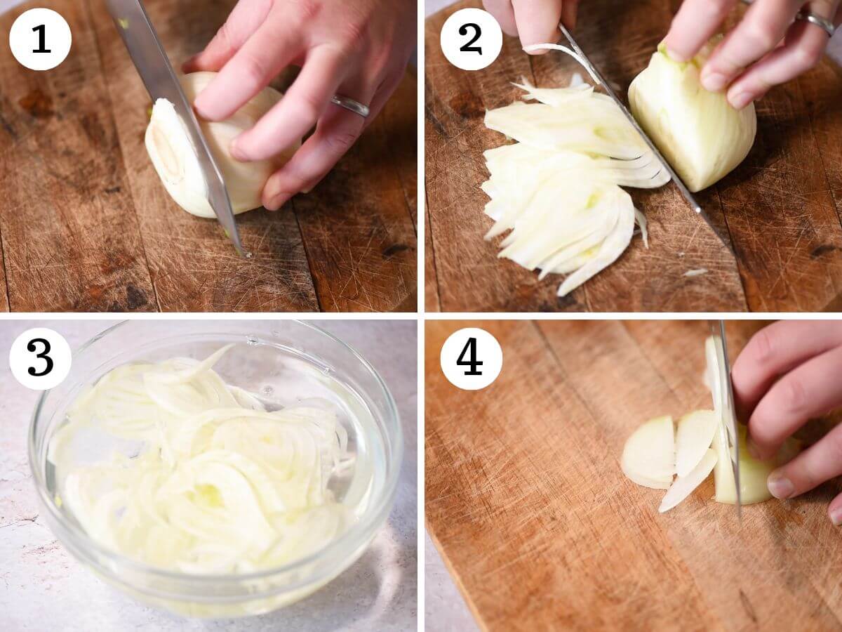 Four photos in a collage showing how to cut and slice fennel and onion.