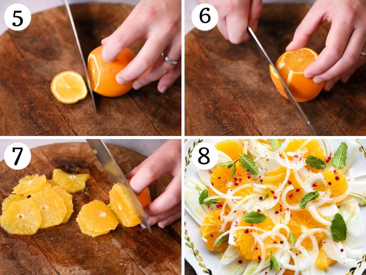 Four photos in a collage showing how to peel and slice oranges and assemble a fennel and orange salad.