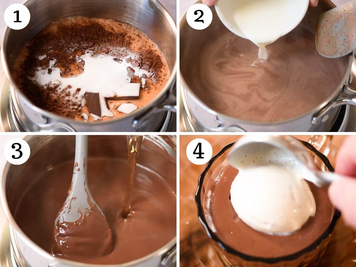 Four photos in a collage showing how to make a hot chocolate affogato with Frangelico liqueur.