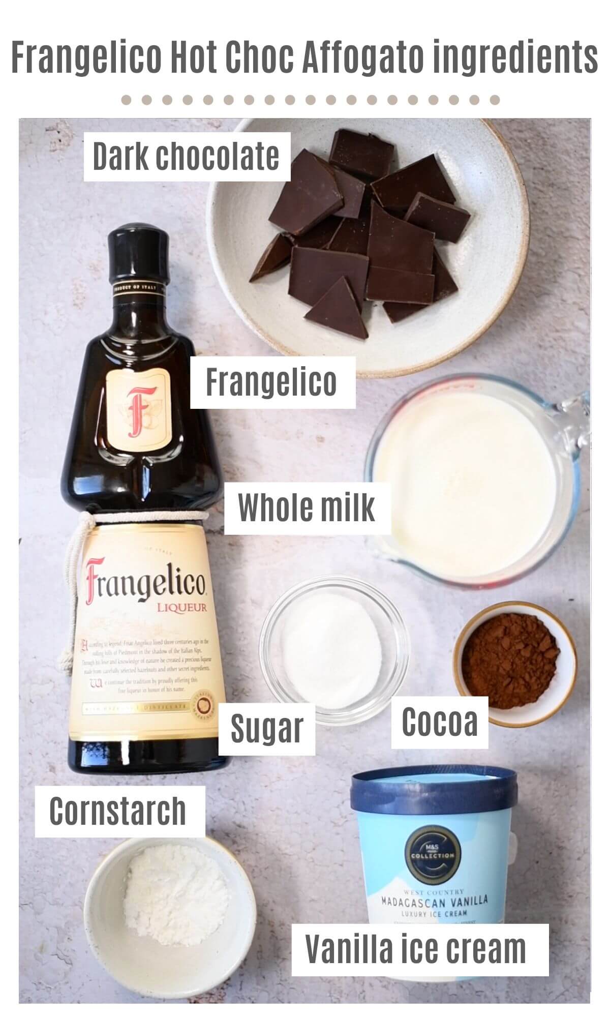 An overhead shot of all the ingredients you need to make a hot chocolate affogato with Frangelico.