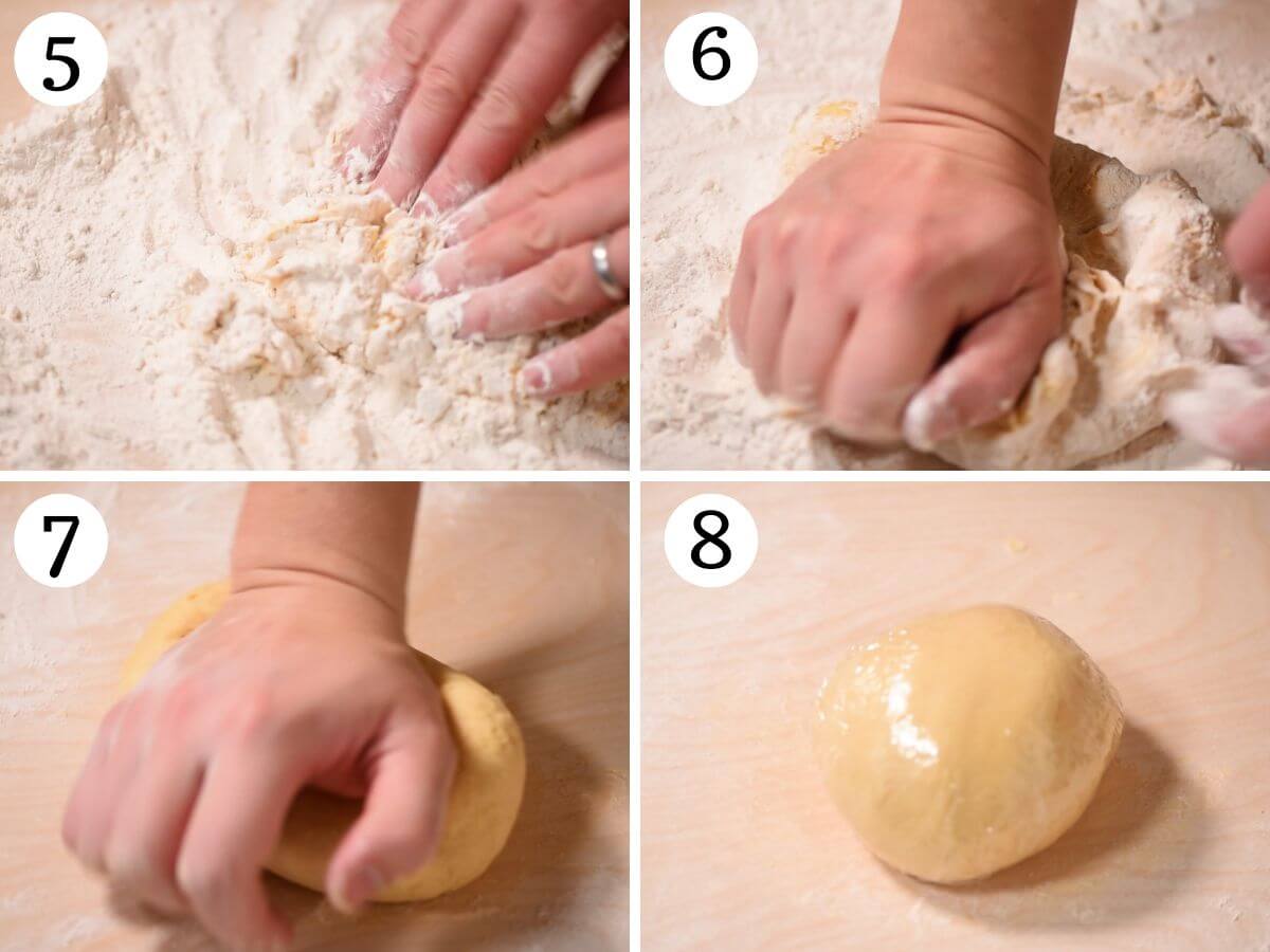 Four photos in a collage showing how to knead homemade pasta dough.