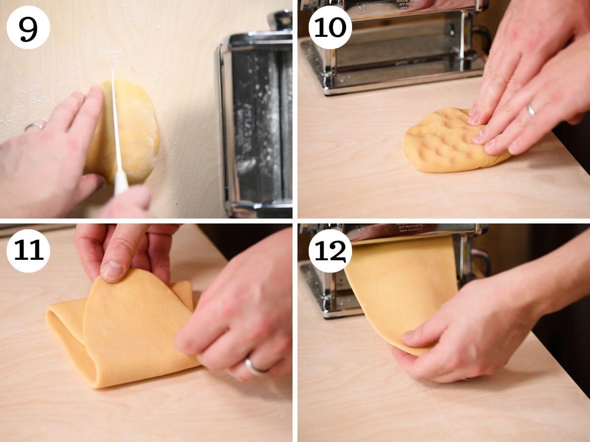 Four photos in a collage showing how to roll out pasta in a a pasta machine.