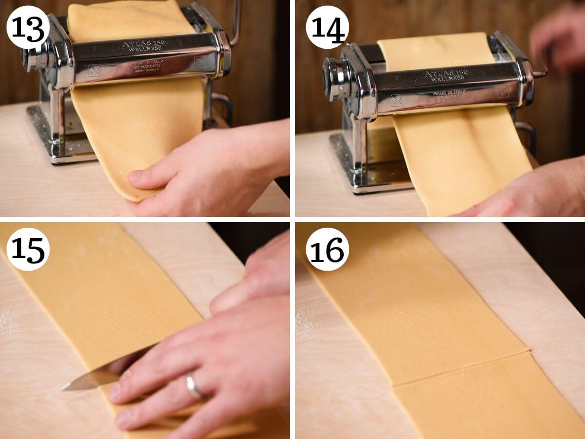 Four photos in a collage showing how to roll out a a sheet of pasta to make Agnolotti.