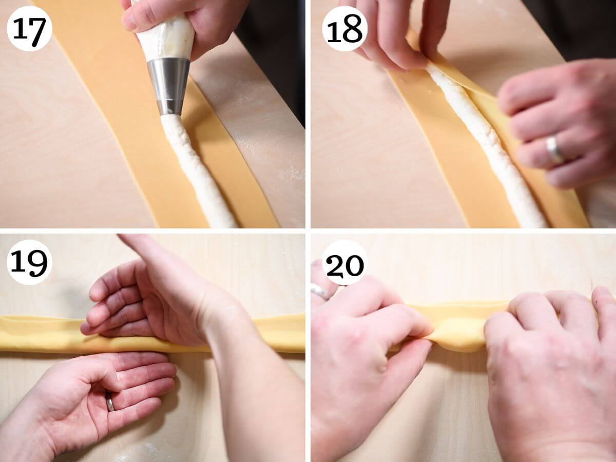 Four photos in a collage showing how to fill and shape agnolotti pasta.