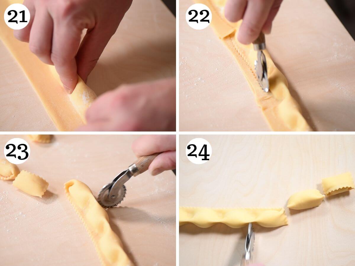 Four photos in a collage showing how to cut Agnolotti pasta.