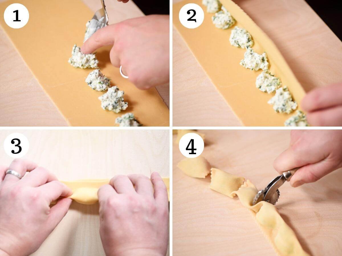Four photos in a collage showing how to spoon the filling to make Agnolotti.