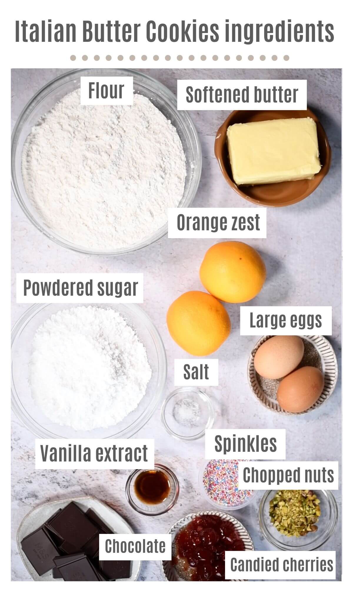 An overhead shot showing ingredients needed to make and decorate Italian butter cookies.