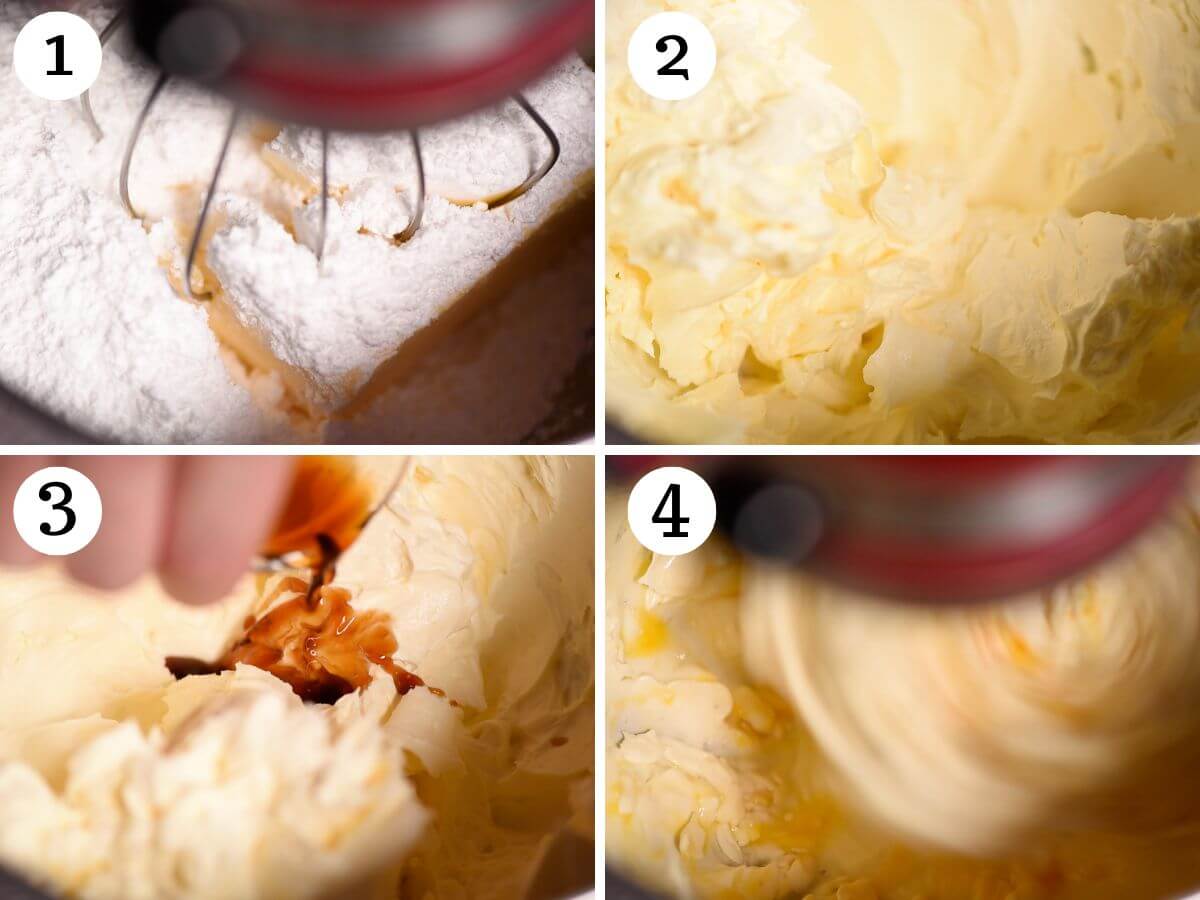 Four photos in a collage showing how to whip butter, sugar and vanilla to make Italian butter cookies.