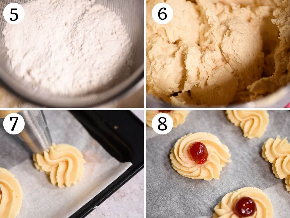 Four photos in a collage showing how to make cookie dough and pipe them onto a baking sheet.