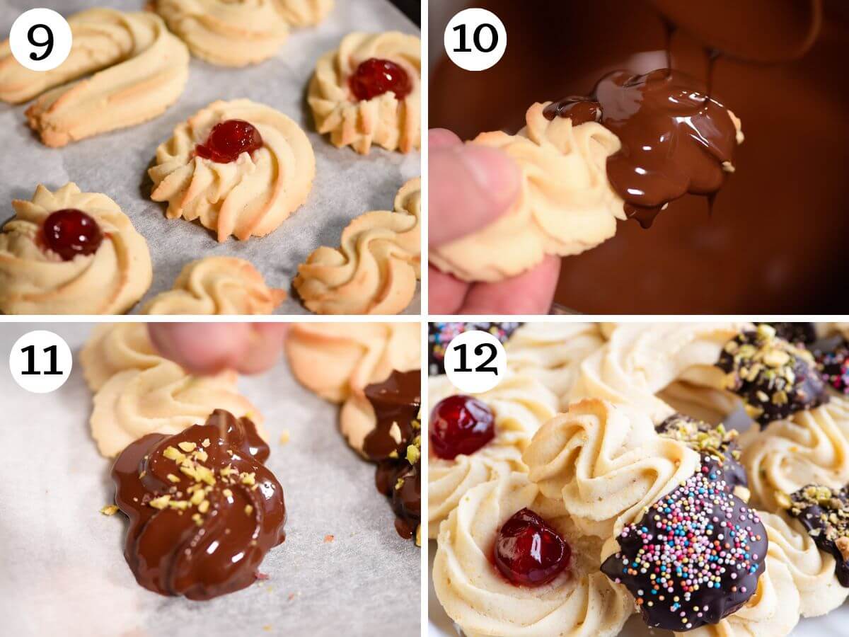 Four photos in a collage showing how to bake and decorate Italian butter cookies with chocolate, cherries and chopped nuts.
