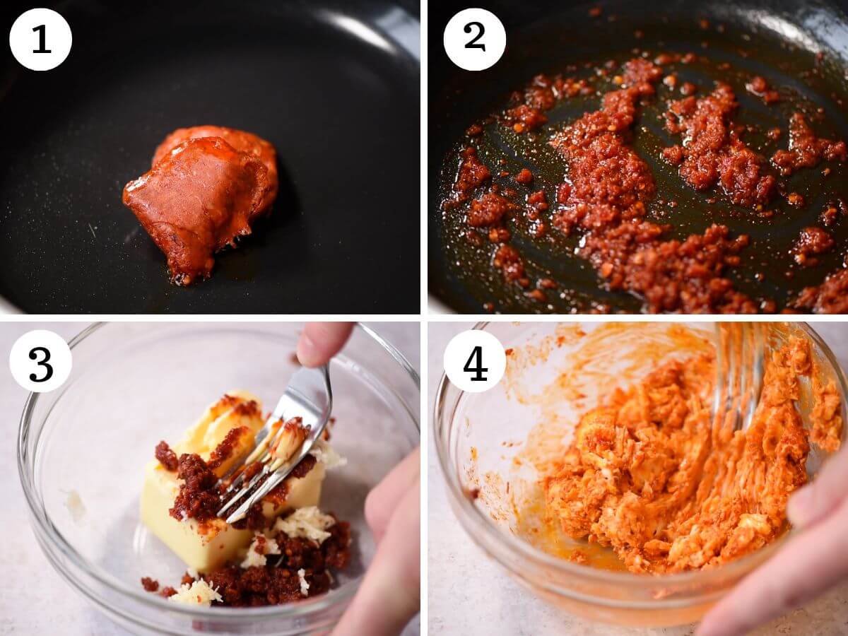Four photos in a collage showing how to make Nduja Garlic Butter.