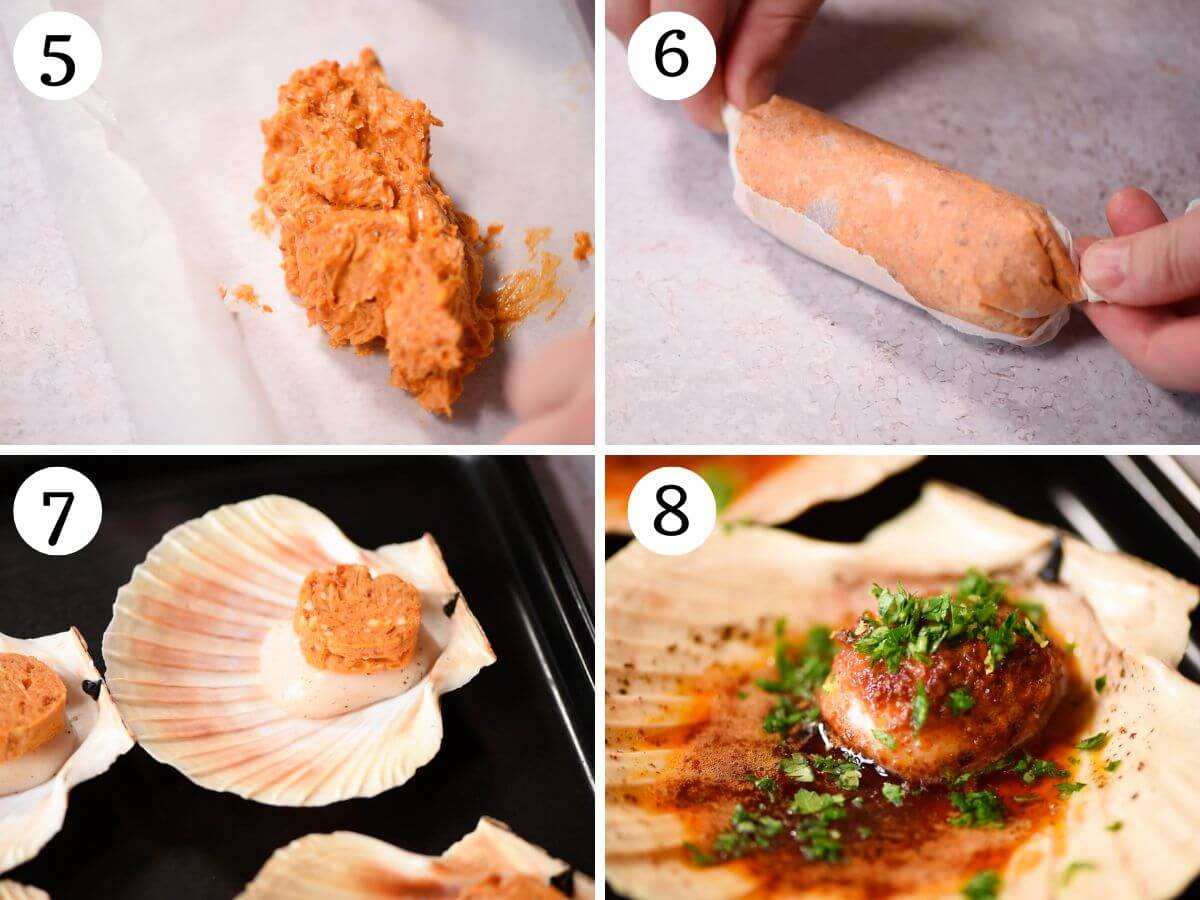 Four photos in a collage showing how to make scallops with Nduja Garlic Butter.