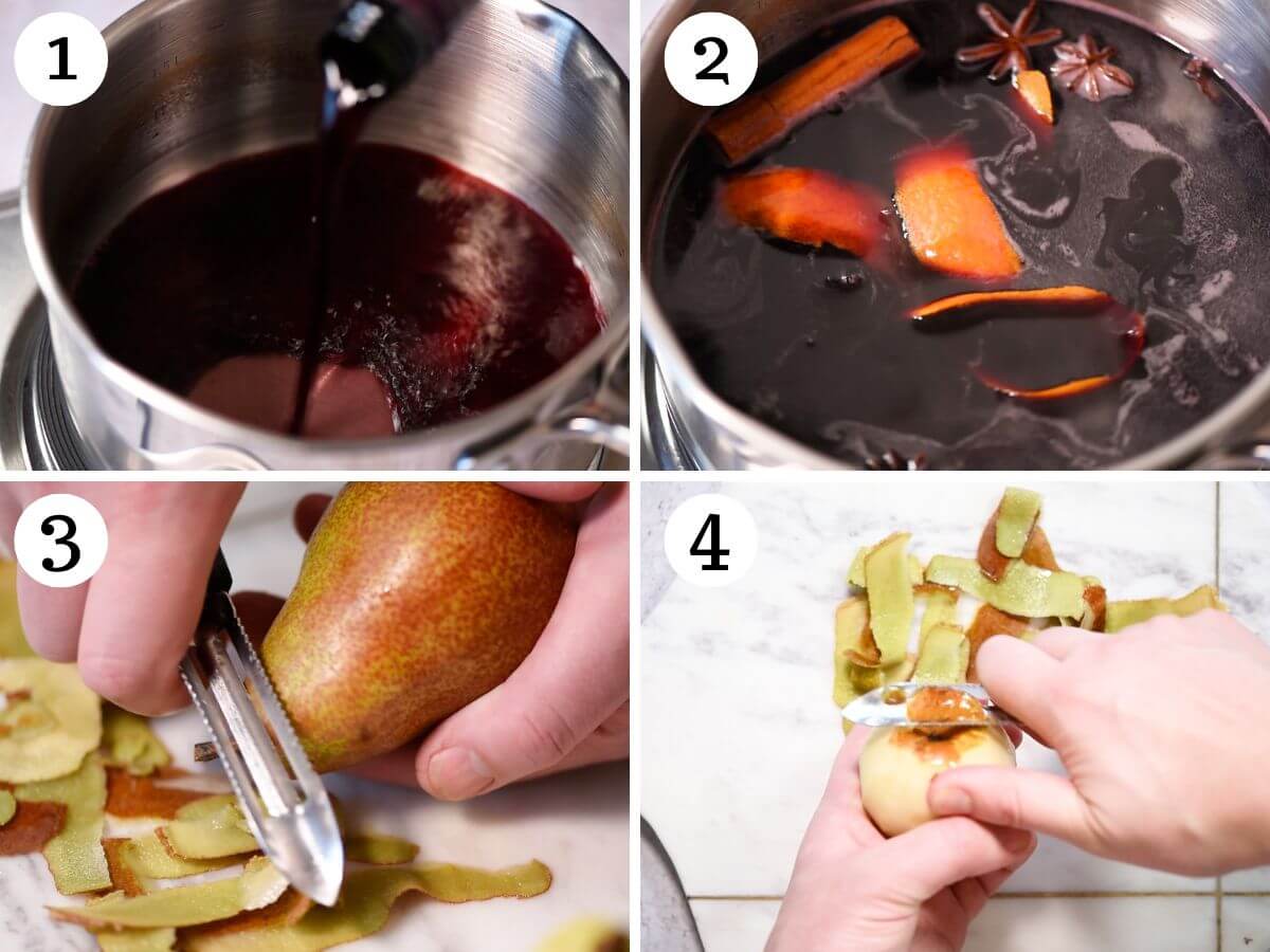 Four photos in a collage showing how to peel pear and get the red wine poaching liquid ready.