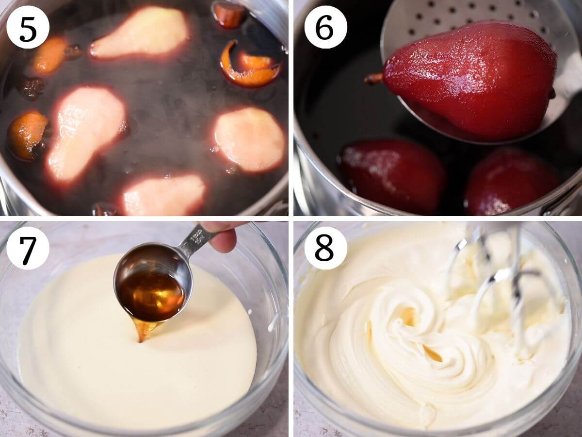 Four photos in a collage showing how to poach pears in red wine and make an Amaretto whipped cream.