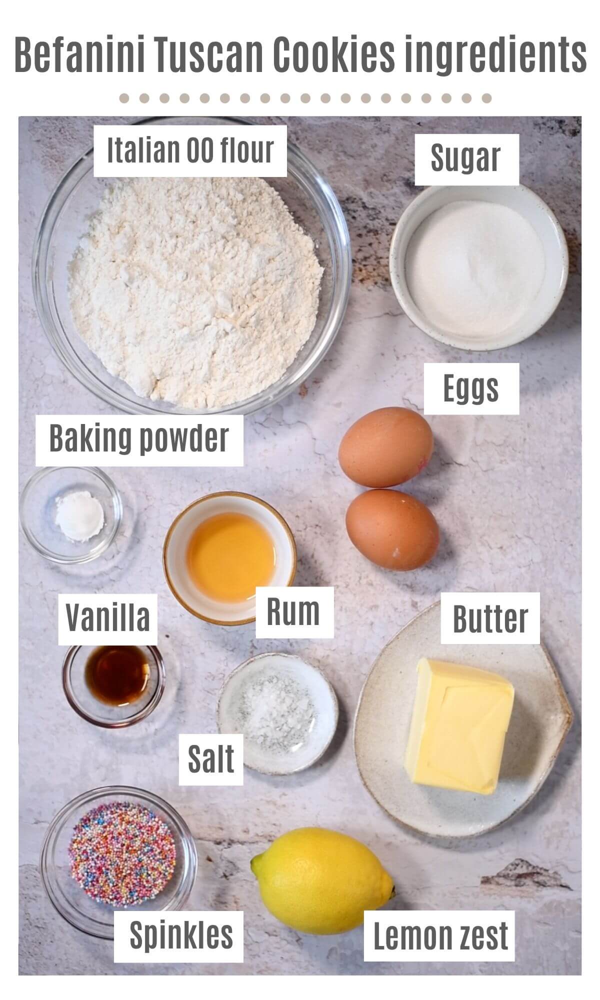 An overhead shot of all the ingredients needed to make Befanini cookies.