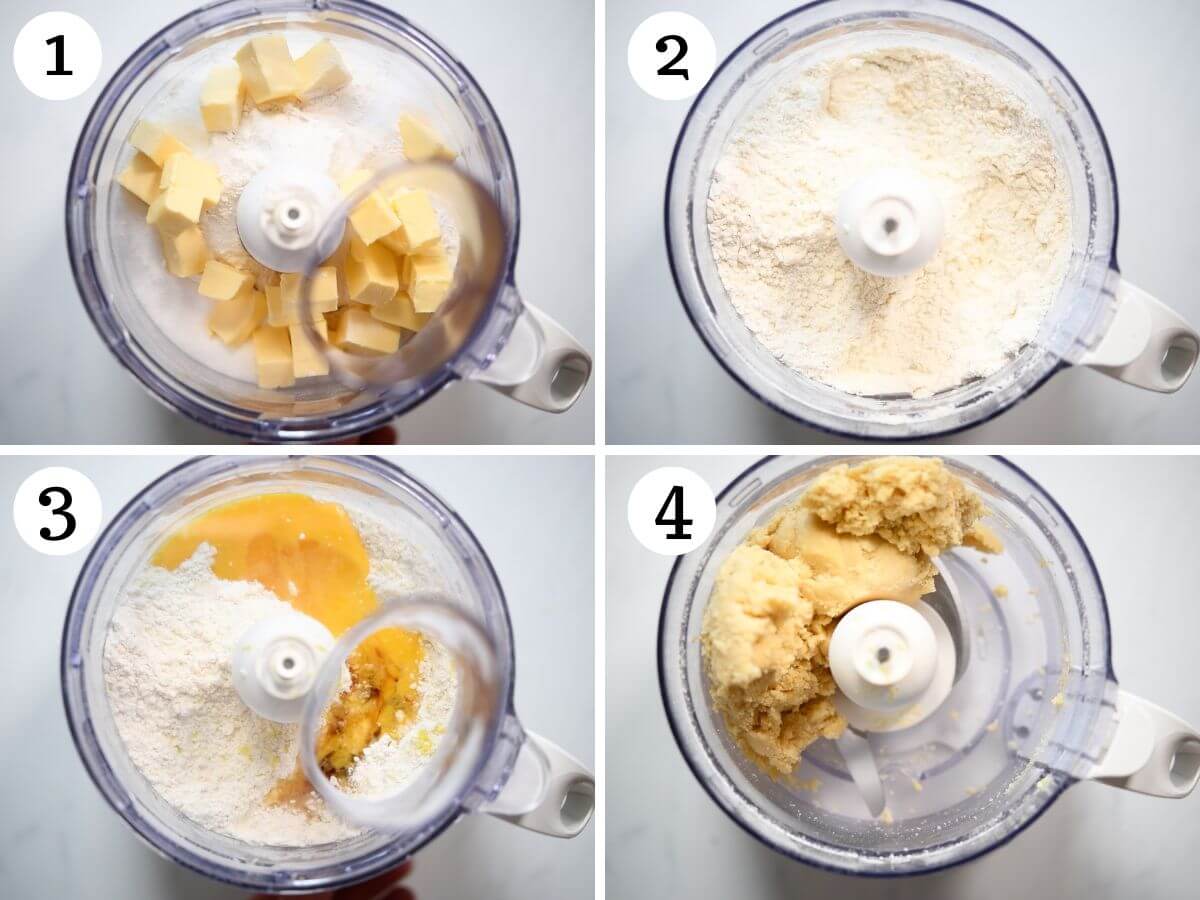 Four photos in a collage showing how to make Befanini cookie dough in a food processor.