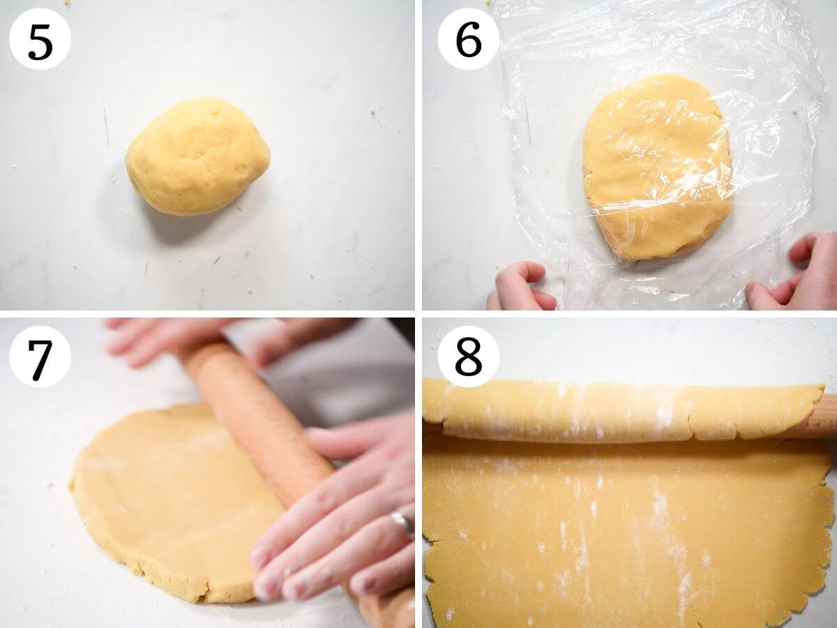 Four photos in a collage showing how to roll out cookie dough.