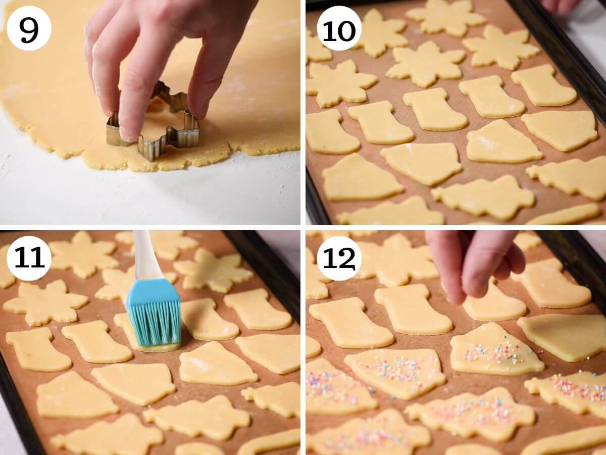 Four photos in a collage showing how to cut out and bake Befanini cookies.