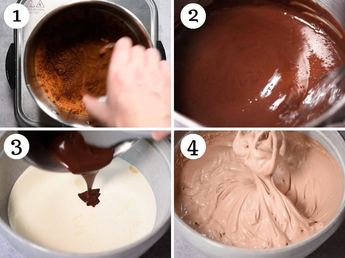 Four photos in a collage showing how to make cherry and chocolate ice cream.