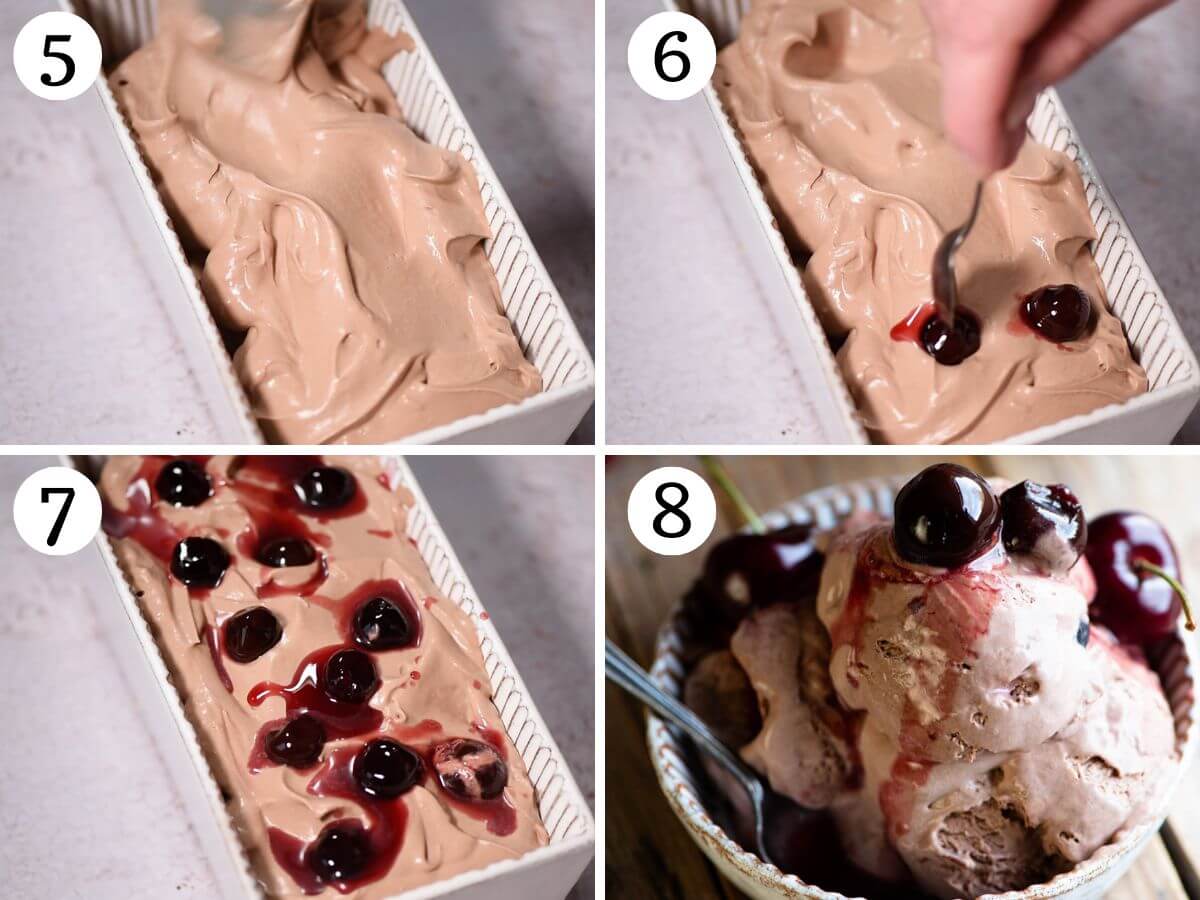 Four photos in a collage showing how to fold cherries into chocolate ice cream.