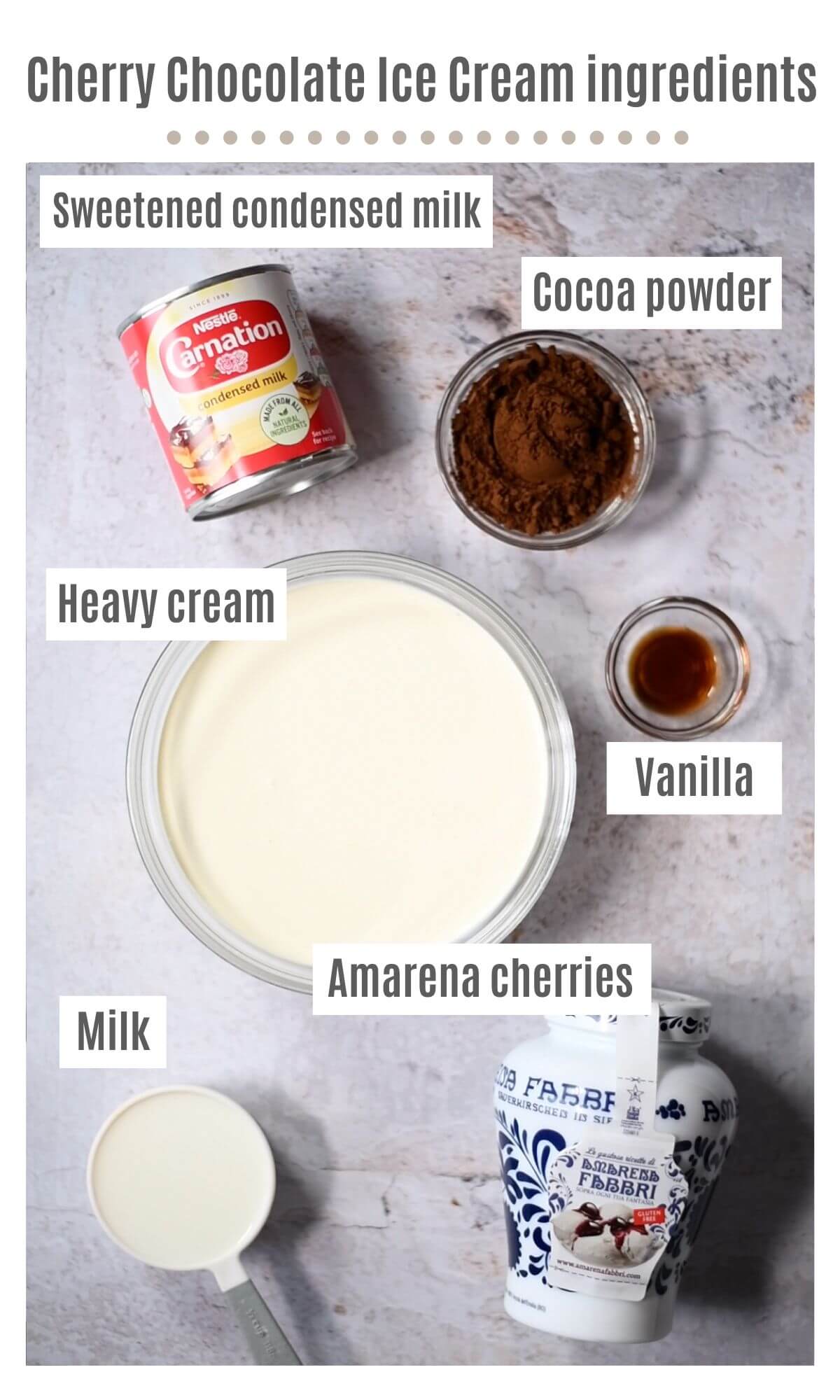 An overhead shot of all the ingredients needed to make no churn cherry chocolate ice cream.