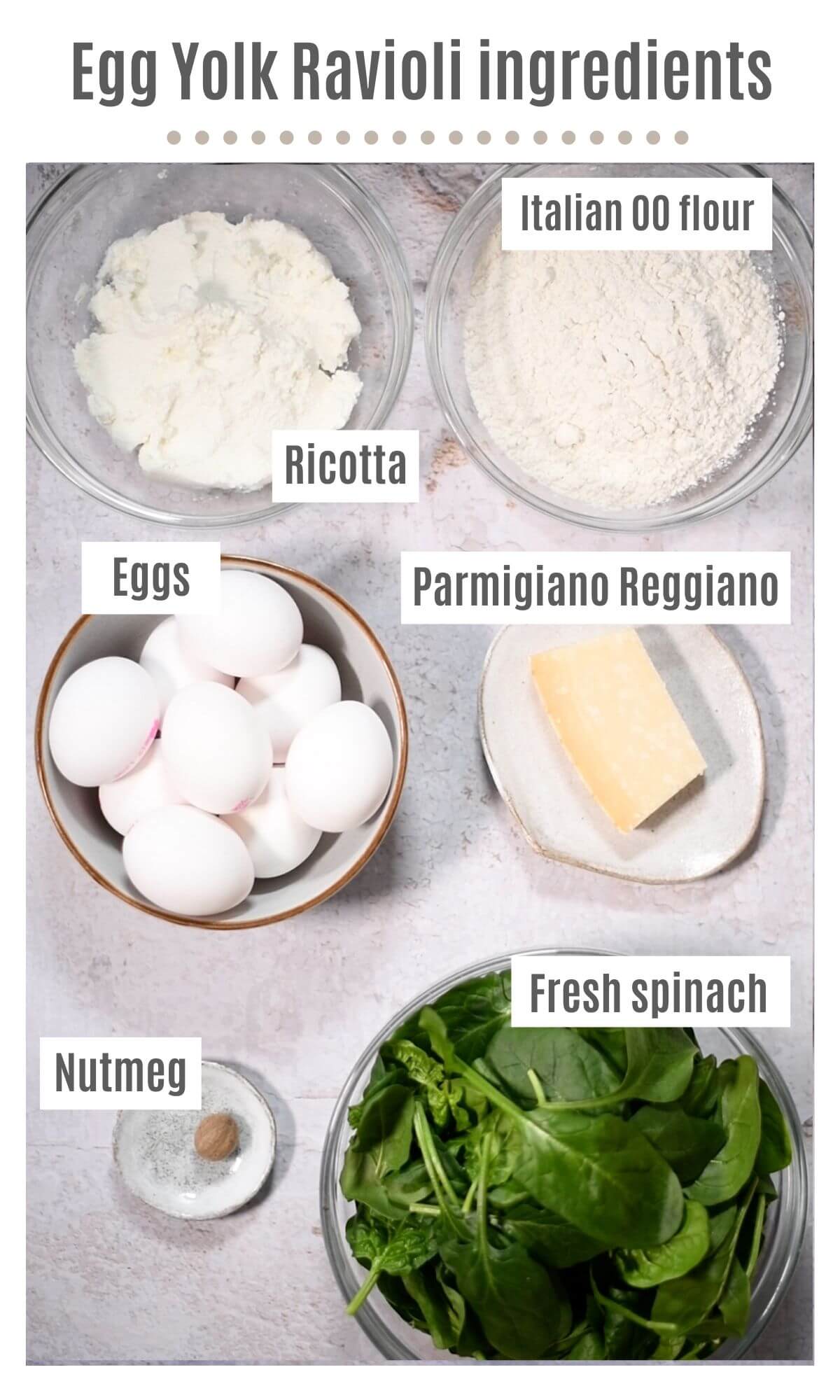 An overhead shot of all the ingredients you need to make egg yolk ravioli.