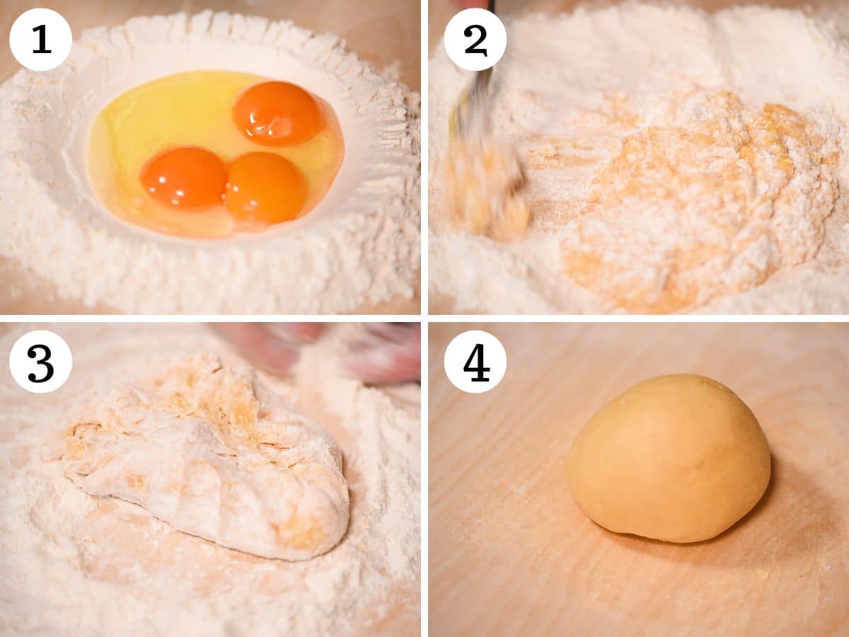 Four photos in a collage showing how to make pasta dough.