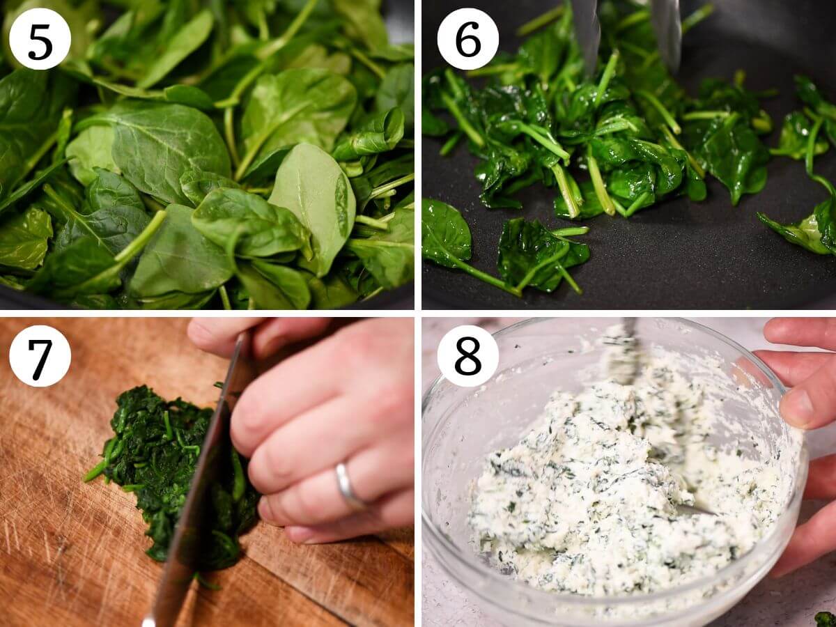 Four photos in a collage showing how to make a spinach and ricotta filling.