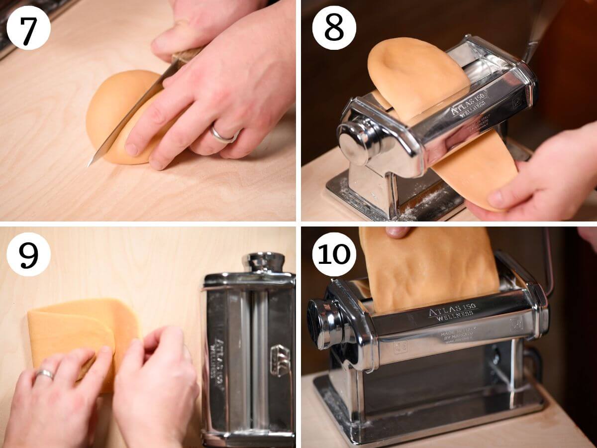 Four photos in a collage showing how to roll pasta out in a pasta machine.