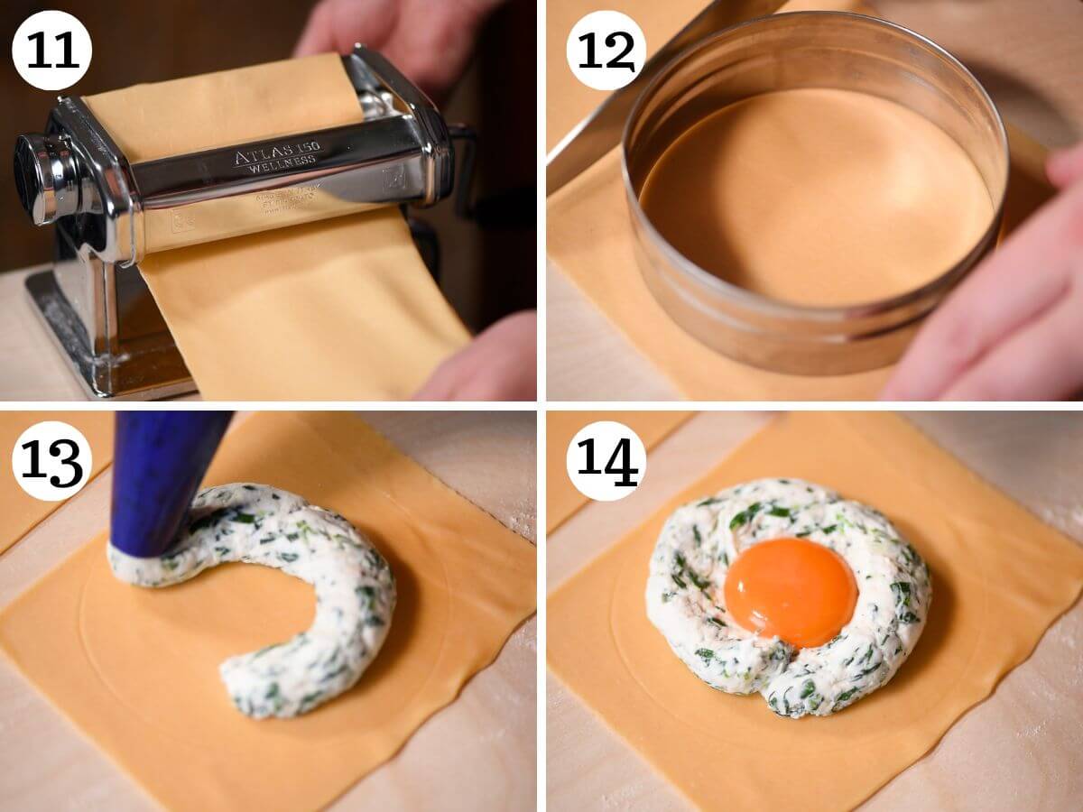 Four photos in a collage showing how to fill egg yolk ravioli.