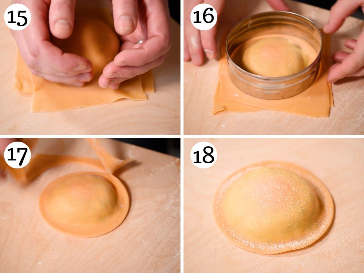 Four photos in a collage showing how to seal an egg yolk ravioli.