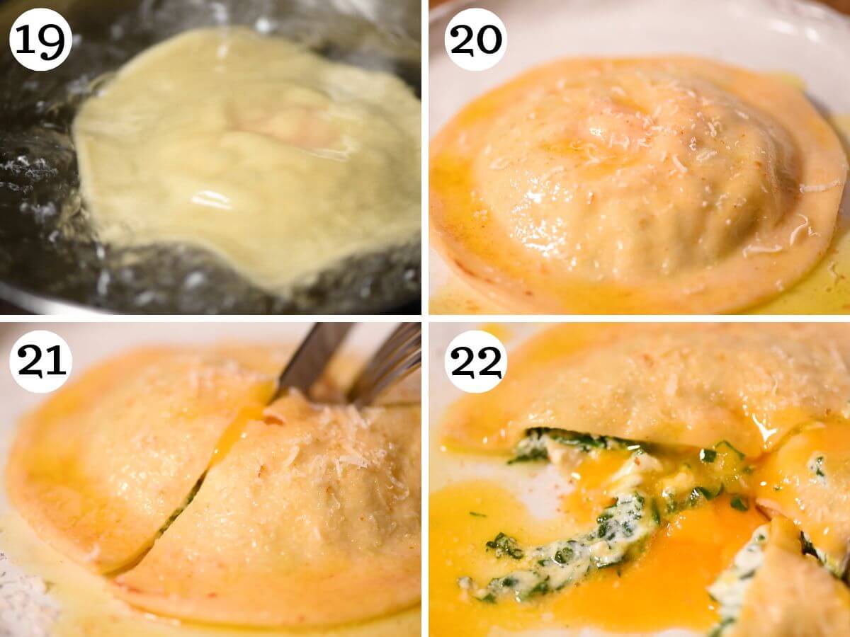 Four photos in a collage showing how to boil egg yolk ravioli and make a butter sauce.