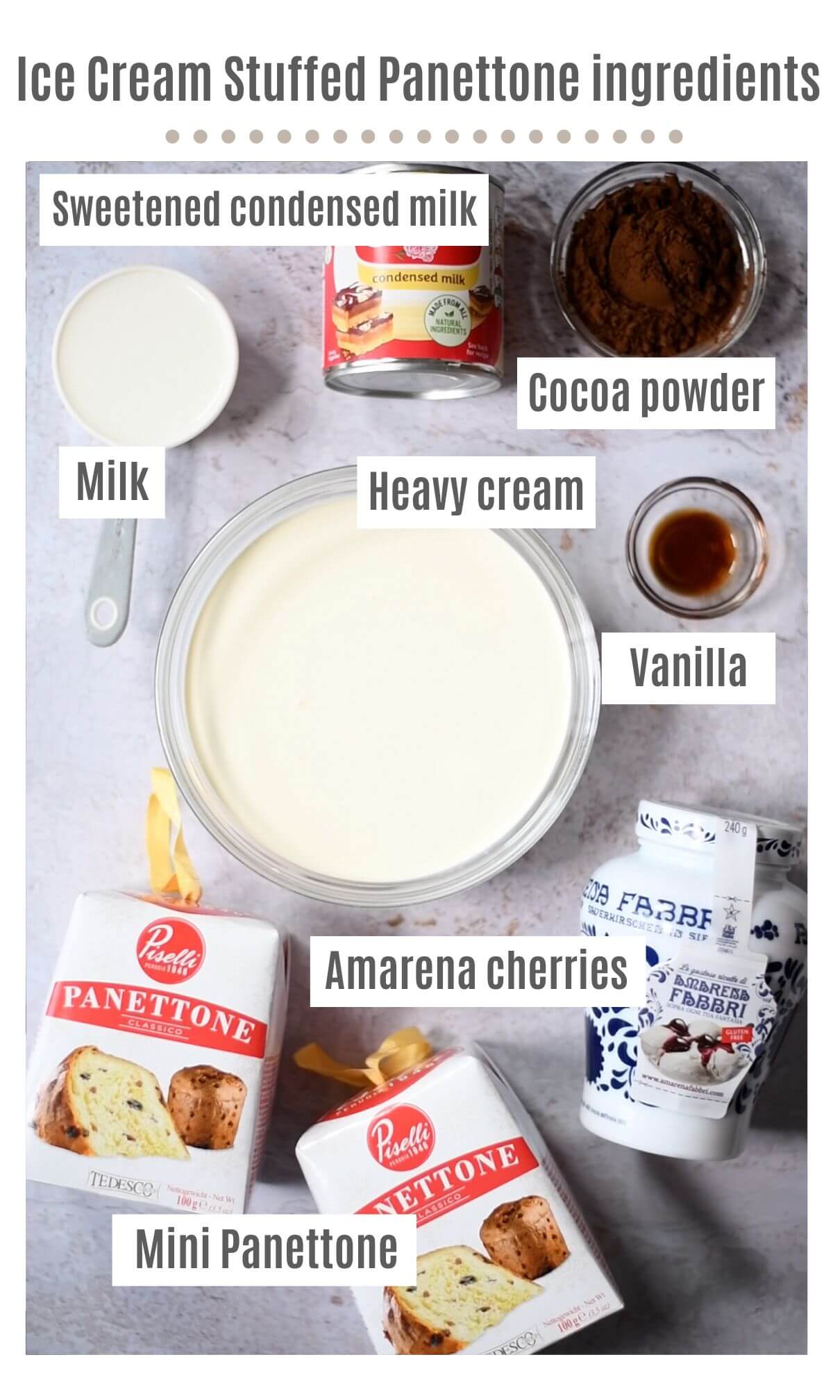 An overhead shot of all the ingredients needed to make ice cream stuffed mini Panettone.
