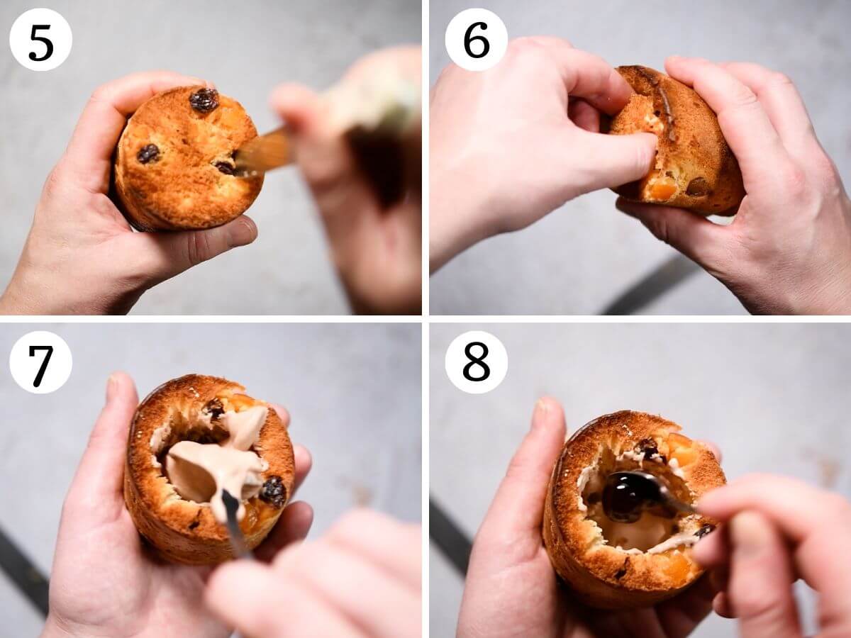 Four photos in a collage showing how to hollow out mini Panettones and stuff them with ice cream.