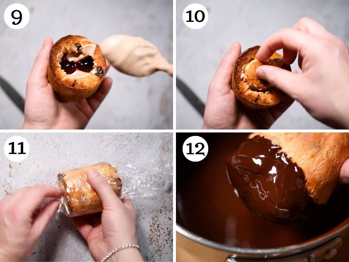 Four photos in a collage showing how to stuff, freeze and decorate mini Panettones.