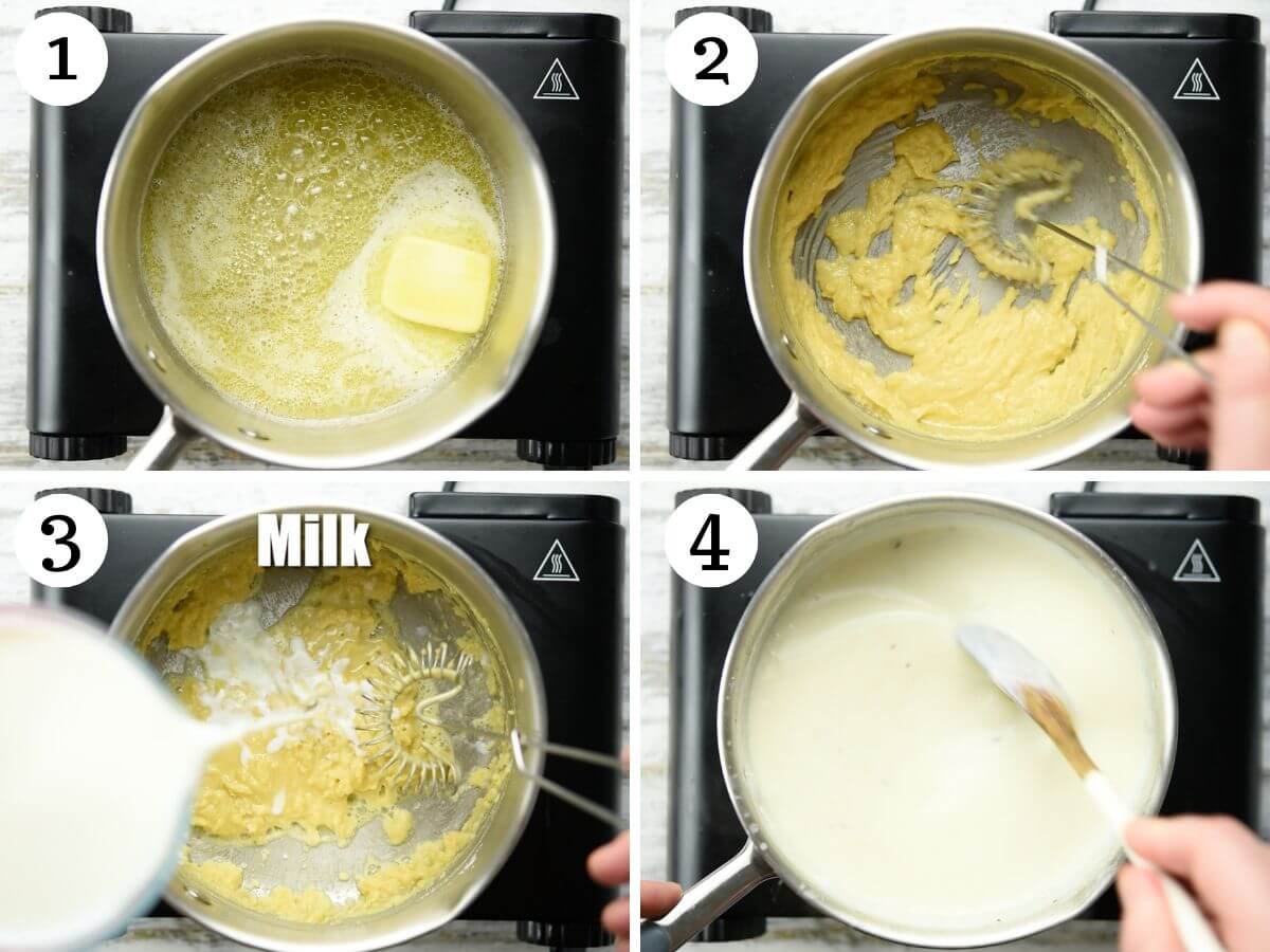 Four photos in a collage showing how to make Italian Bechamel Sauce (Besciamella) from butter, flour and milk.