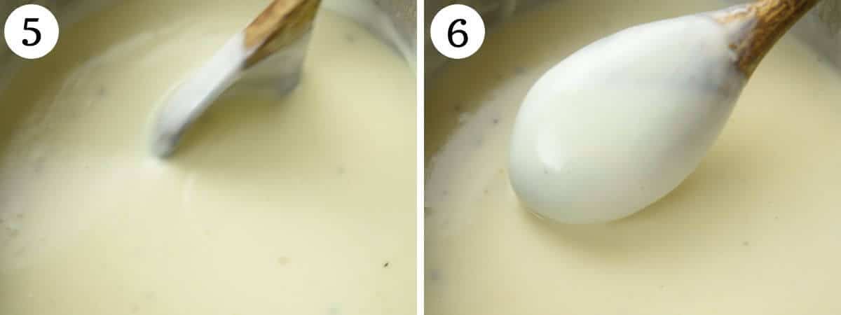Two photos in a collage showing the consistency of Italian Bechamel Sauce.