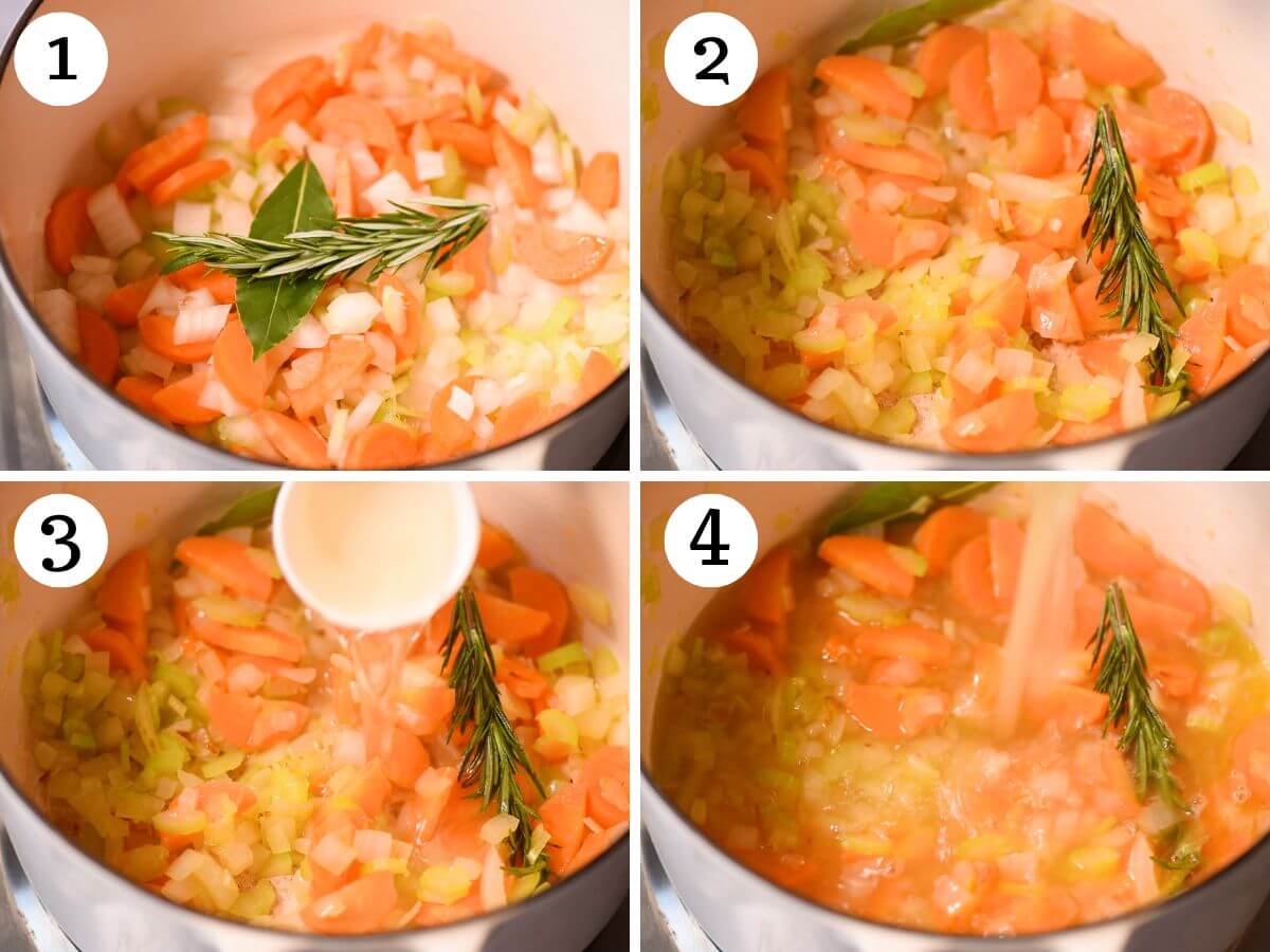 Four photos in a collage showing how to saute vegetables and herbs to make lemon chicken orzo soup.