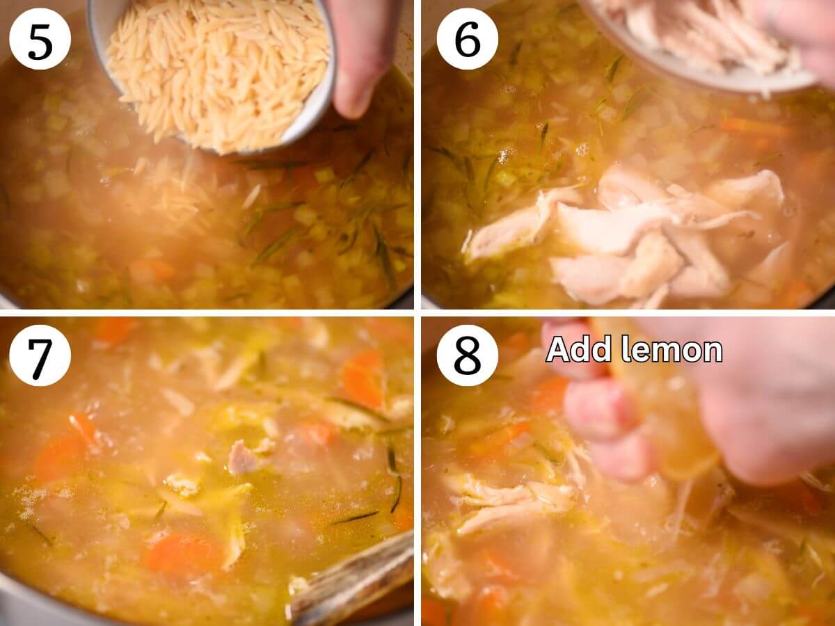 Four photos in a collage showing how to add orzo pasta, chicken and lemon to soup.
