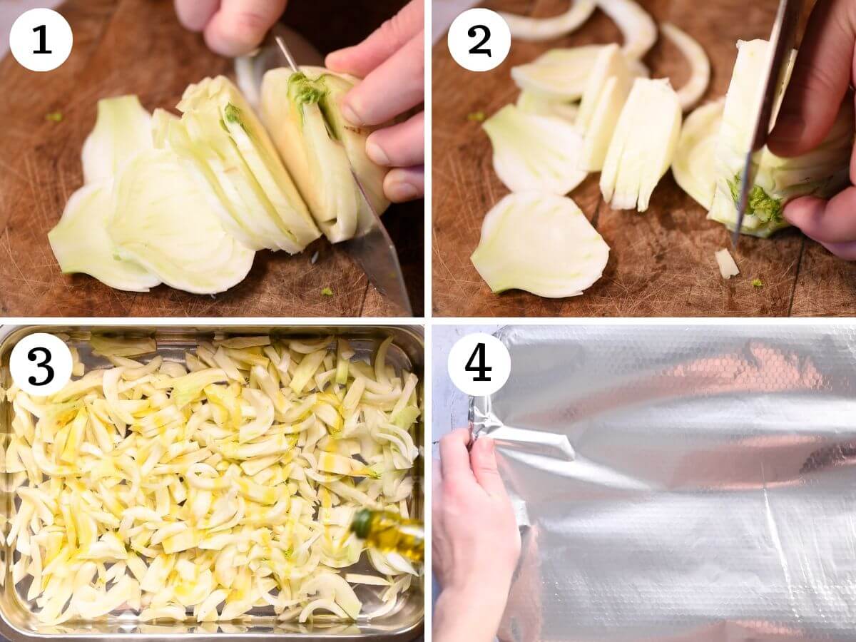 Four photos in a collage showing how to cut and roast fennel.