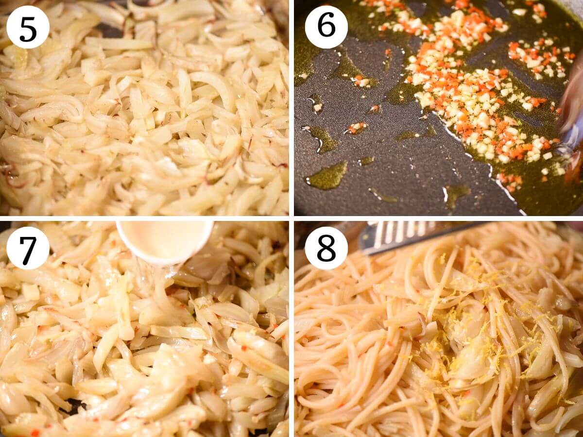 Four photos in a collage showing how to make a roasted fennel pasta sauce with garlic, chilli and lemon.