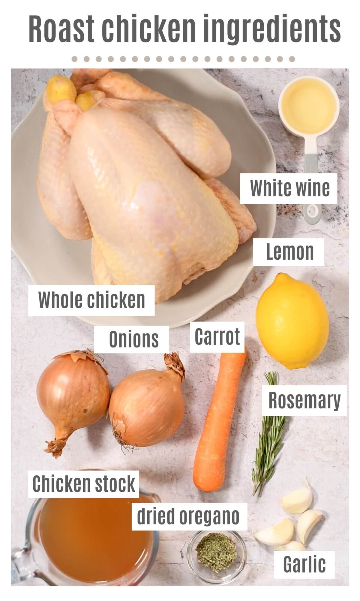 An overhead shot of all the ingredients needed to make a lemon roast chicken.